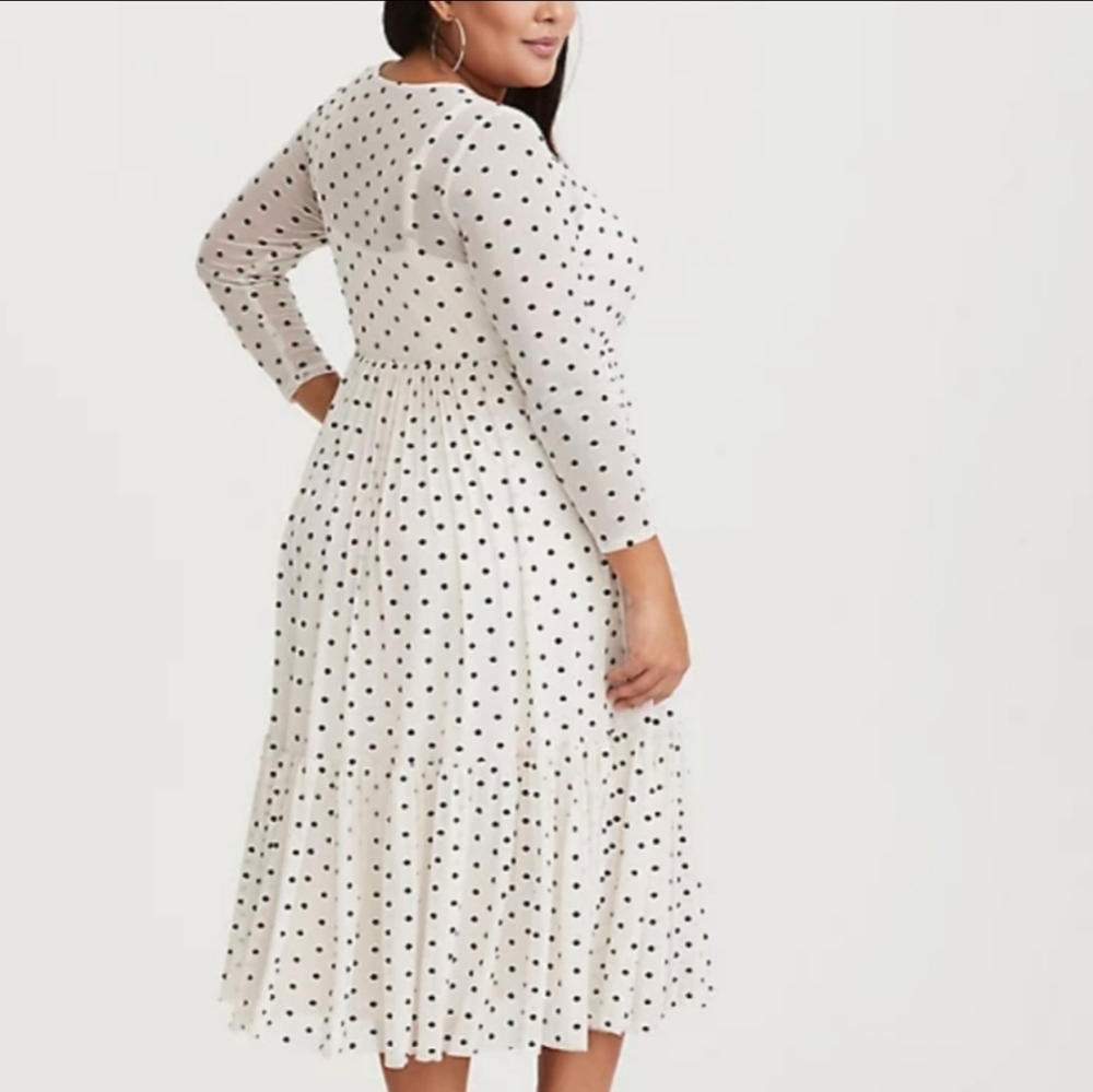 Worn 1x Torrid Ivory Polka Dot Mesh Tiered Ruffle Midi Dress - Picture 2 of 8